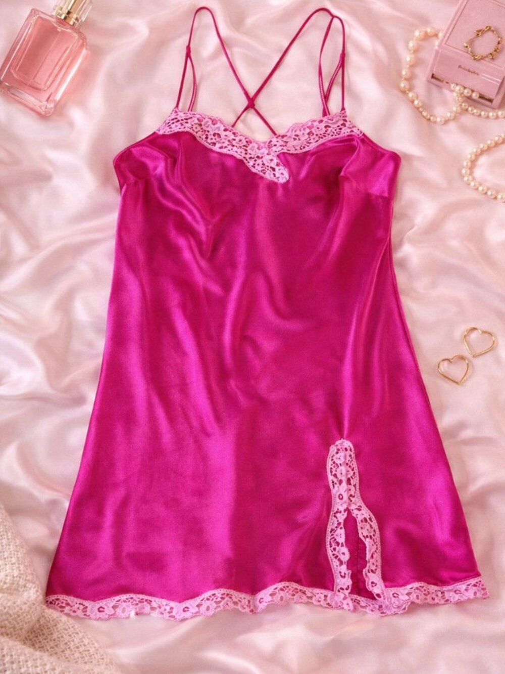Victoria’s Secret Pink Satin Slip Dress Lace Trim Chemise M